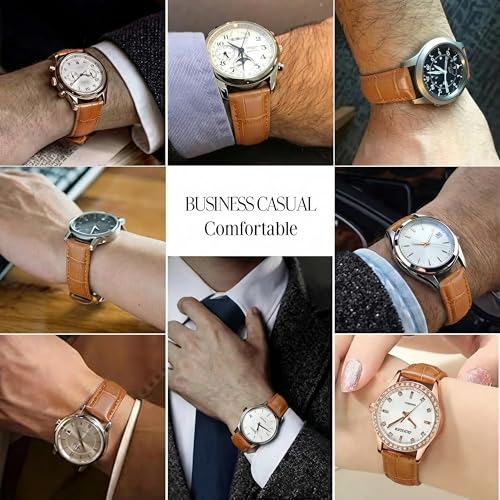 GoodTool Watch Strap, Genuine Leather Watch Bands with Pin Buckle and Gift Box for Men and Women (Light brown bamboo pattern silver butterfly buckle, 22mm)