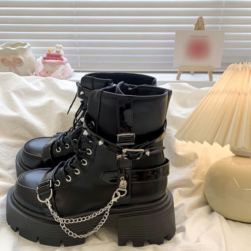 Cute Goth Combat Boots with Chains Studs Charms High Heels Platform Chunky Lace-up Comfy Non Slip Lightweight Softy Shoes Edgy Indie Punk Rock Y2K Pretty Fashion for Women2