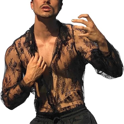 Camisa Informal Transparente de Manga Larga para Hombre, Corte Ajustado y Top de Encaje a la Moda, Ropa Formal de Negocios atrevida 2026.