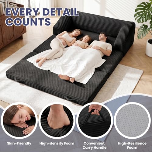 Image of JUIKURY Convertible Sofa Bed, 3-in-1 Foldable Loveseat Couch with Armrest, Corduroy Floor Sofa & Sleeper Bed, No Assembly High-Density Foam Futon Mattress for Living Room, Small Apartment, Dorm
