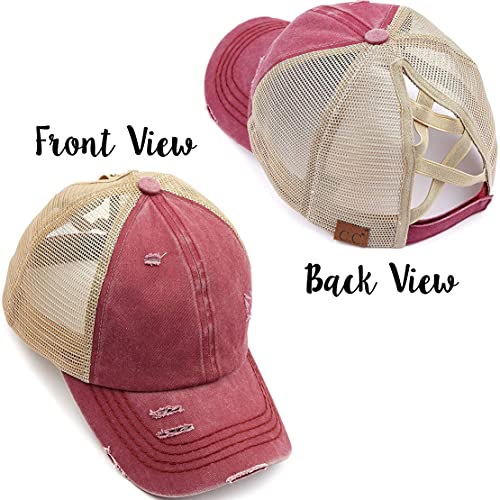 Funky Junque Ponytail Messy Bun Trucker Ponycap (Distressed Burgundy W/Criss Cross Back) #TOP2