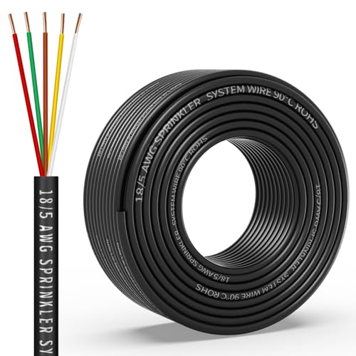 18/5 Solid Sprinkler System Wire 50ft 18 Gauge Irrigation Wires PVC Jacket Sprinkler Cable for Underground Irrigation Valves Field Central Control System
