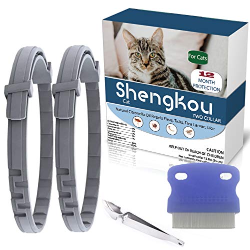 Flea and Tick Collar for Cat, Made with Natural Plant Based Essential Oil, Safe and Effective Repels Fleas and Ticks, Waterproof, 12 Months Protection, Fits Cat and Small Dog (2 Packs)