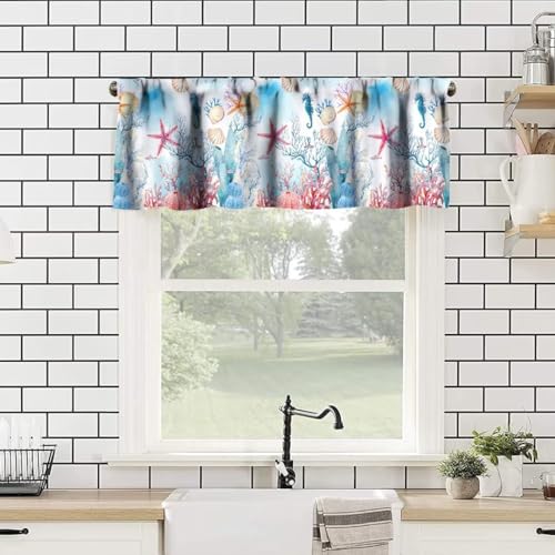 Image of Starfish Seashell Window Valance Curtain, Watercolor Coastal Animal Undersea Beach Colorful Coral Plant Window Treatment Valances for Kitchen Living Room Cafe Decor 54'x18', 1 Panel