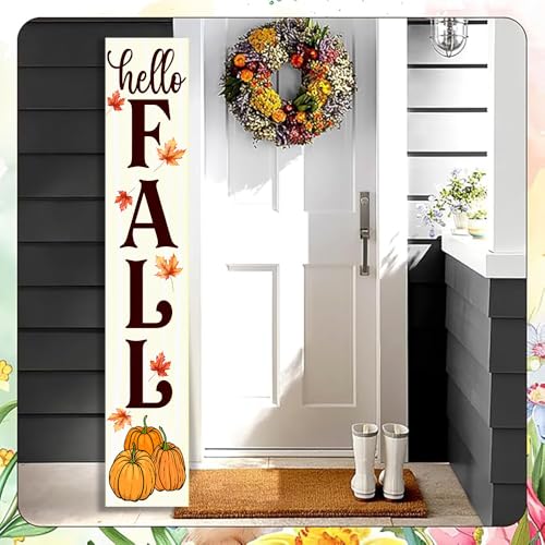 12x72 Inches Large White "Hello Fall" Porch Sign - Rustic
