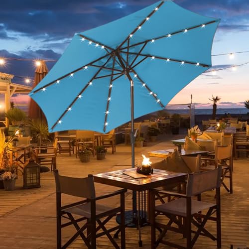 AYGE 9FT Solar LED Patio Umbrella with 32 Lights and Tilt Crank, Outdoor Market Umbrella with Solar Charging Panel, Sunshade for Deck, Pool,Garden, Backyard，Light Blue Light Blue 9FT