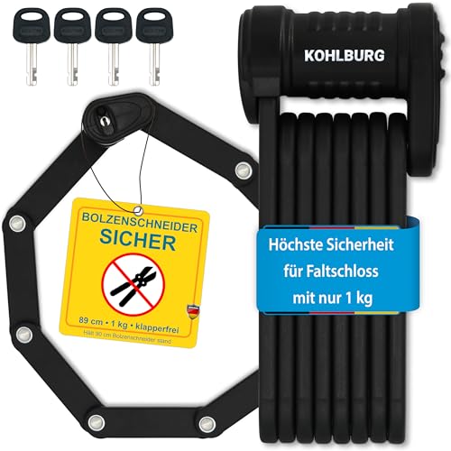KOHLBURG Fahrrad Faltschloss höchste Sicherheit bei nur 1kg – 89cm...