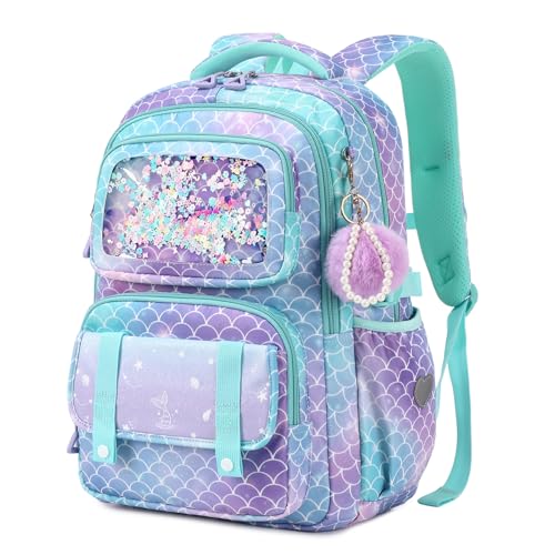 Sisipoet Sac à Dos Enfant Fille, Cartable Fille Primaire, Sac a Dos Sirène à Paillettes, Sacs à Dos Loisir Imperméable et Respirant avec Pompon pour...