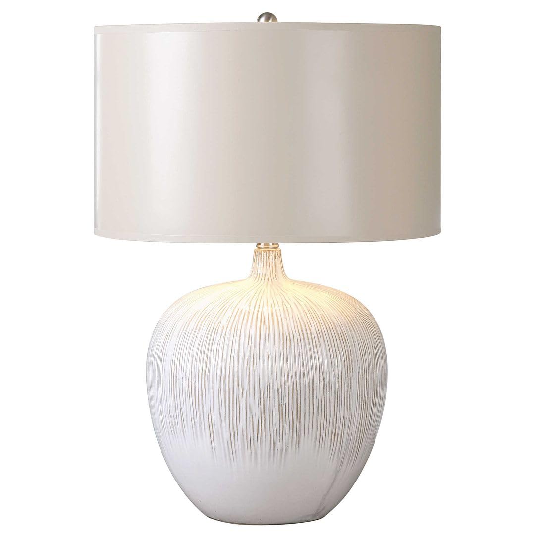 MY SWANKY HOMEFat Round Distressed Ivory Ceramic Ribbed Table Lamp 23 in Modern Champagne