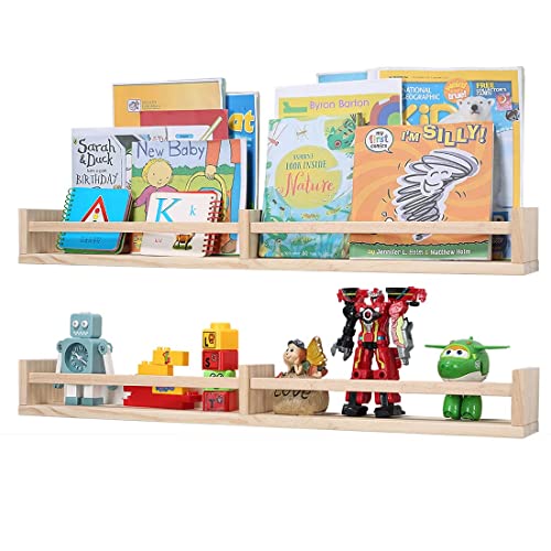 Image of Austin yan Bookshelves Wall Mounted, 32inch Wood Floating, Bookshelf for Kids, Hanging Shelf for Baby Nursery Room Decor Set of 2 Pine, Wooded