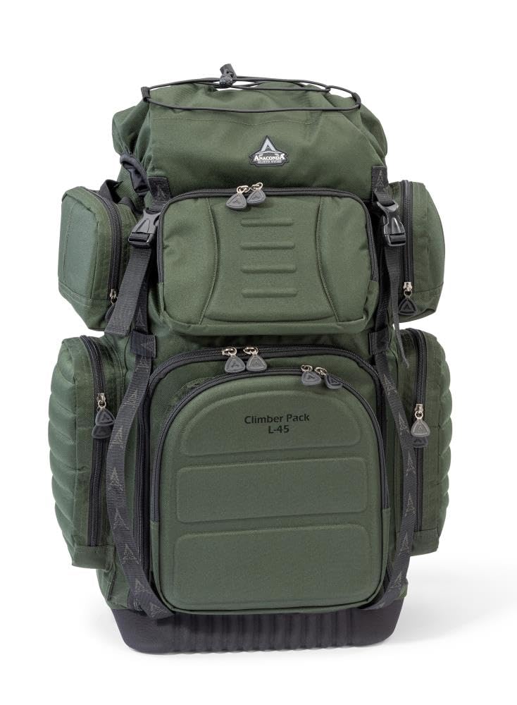 ANACONDA Climber Backpack, Grün, 600D Nylon, Wasserabweisender PVC-Boden, Gepolsterte Rücken- und Hüftgurte, EVA-Front, Anatomisch Geformte Rückenpartie, Angelrucksack Größe M-XL (L)