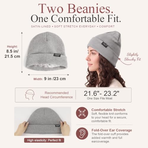 Image of 2 Pack Satin Lined Beanies for Men and Women Warm Cuffed Winter Hats | 60% cotton and 40% acrylic knit with smooth satin lining, stretch fit, cuffed ear coverage, and two-hat value for winter wear