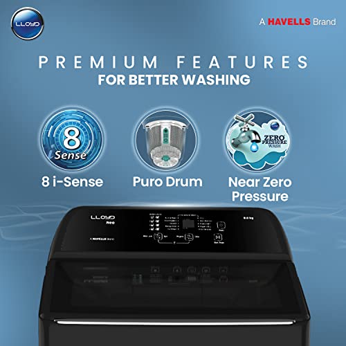 Image of Havells-Lloyd 8.0 Kg Fully Automatic Top Load Washing Machine GLWMT80GMBNE, Mid Black, 8 i-sense technology
