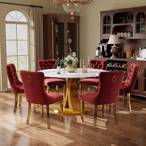 Image of 7-Piece Dining Table Set with 47In Faux Marble Table and 6 Velvet Upholstered Chairs, Modern Scandinavian Furniture for Dining Room Kitchen(Burgundy&Gold)