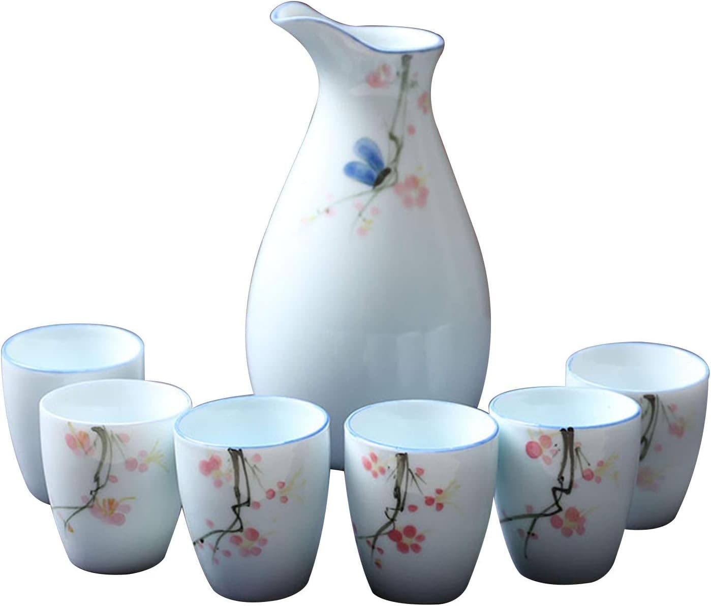 SDFhNest Japanese Sake Cup Set 7 Piece Traditional Ceramic Crafts Cups with 1 Sake Serving Bottle and 6 Sake Cups (C A)