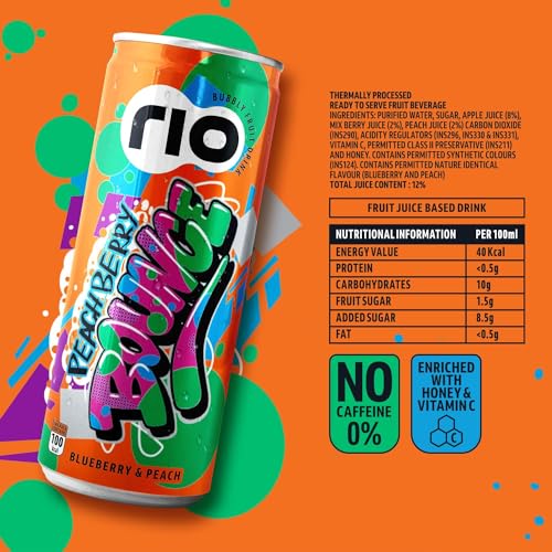 Image of Rio Blueberry & Peach Flavor Blueberry Bubbly Fruit Drink Can|Soft Drink|Exotic Fruit Juice + Fizz|Rich In Vitamin C And Honey|Pack Of 12|250 Ml