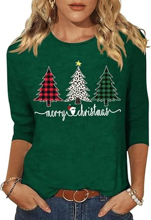Womens Merry Christmas 3/4 Sleeve Shirt Funny Xmas Buffalo Plaid Letter Printed Tree Graphic Tee Winter Holiday Top