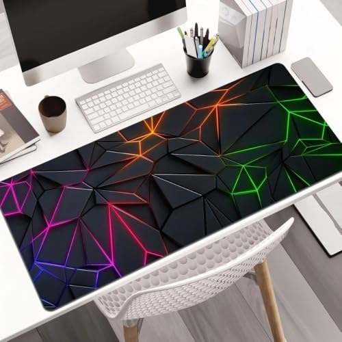 Image of Neon Polygon Design Extended Gaming Mouse Pad 800x300x2mm, Geometric RGB Pattern Desk Mat with Non-Slip Rubber Base, Keyboard & Mouse Pad for Gaming, PC, Laptop & Office(1-pcs)