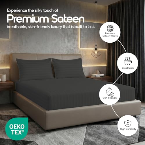 Image of LINENWALAS Cotton 300 TC Fitted Bed Sheet for Queen Bed | Signature 2 CM Sateen Stripe Design | All-Around Elastic for 4-8 Inch Mattresses |Luxury Hotel-Style Bedding (60 x 78, Dark Grey)