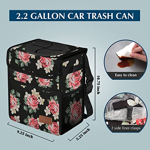 Image of Femuar Car Trash Can Leak Proof Car Trash Bag Waterproof Car Garbage Can with Lid for SUV Front Seat Multipurpose Car Hanging for Headrest Collapsible and Portable with Storage Mesh Pocket, Flower
