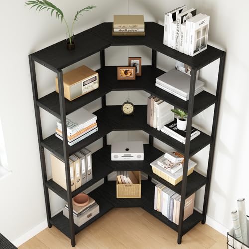 IBF 5 Tier Black Corner Bookshelf, Tall Modern L Shaped Book Shelf Storage Organizer, Large Industrial Wood Metal Wide Open Bookshelves, Farmhouse Heavy Duty 5 Shelf Bookcase Etagere in Bedroom Office
