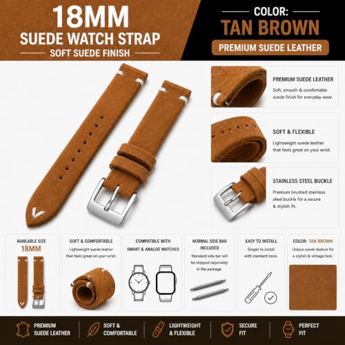 Image of 18MM Suede Watch Strap - Soft Suede Finish, Stainless Steel Buckle, Compatible with Smart & Analog Watches
