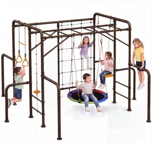 Pipleo 7-in-1 Outdoor Jungle Gym with Monkey Bars, Swing Sets, Climbing Net, Gymnastics Bars, Rope Ladder, Trapeze Swing for Backyard, Kids Outdoor Swing Playset Playground, Supports 500 lbs