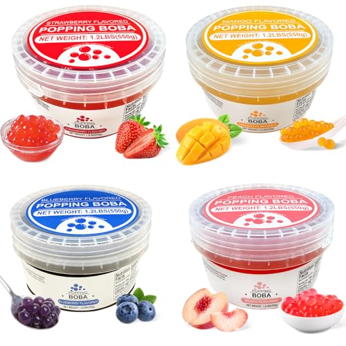 Soeos Popping Boba, 1.2lbs (550g), Pack of 4 (Strawberry, Mango, Blueberry, Peach) – Bursting Fruit Pearls for Drinks & Desserts – Vibrant Colors, Juicy Texture, Ready to Serve
