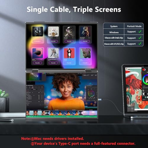 Image of Dual Portable Monitor, 15.6 inch 1080P FHD IPS Folding Stacked Triple Laptop Screen Extender, USB-C Plug & Play Travel Extended Computer Display for Laptop PC Windows