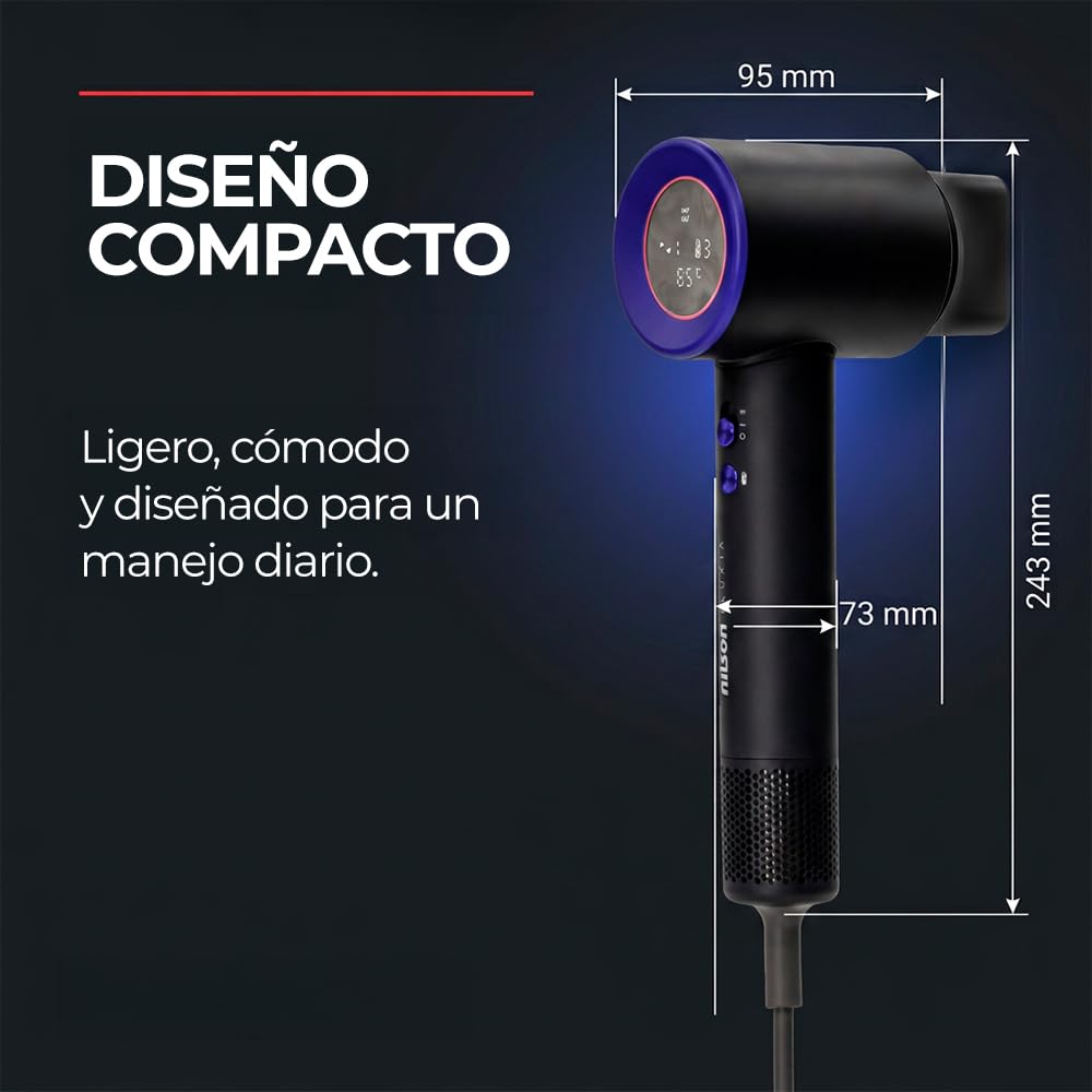 Nilson Life Ionic Compact Phon Phon, asciugatrice rapida, riduce il crespo, funzione aria fredda, display LED, motore brushless da 1600 W, 3 marce, termostato, ugello concentratore
