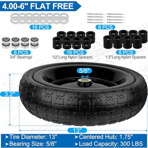 Image of 13 Inch Flat Free Wheels Tires 4.00-6 Solid Replacement with Universal 5 /8 inch Axle Bore Hole, 16 Spacers and 8 Pins, for Wheelbarrow, Garden Wagon, Hand Truck, Trolley, Lawn Mower, 4 Pack