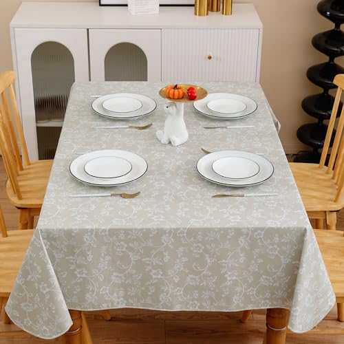 Image of Heavy Duty Vinyl Tablecloth with Flannel Backing Waterproof Oil-Proof Plastic Table Cloth Stain-Resistant Wipeable Rectangle or Square Table Cover for Indoor and Outdoor (Beige Floral,52x70 Inch)