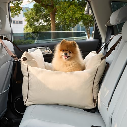 Lesure Hundesitz Auto kleine Hunde - wasserdichter und waschbarer Hunde Autositz mit Aufbewahrungstaschen, ansteckbarer Sicherheitsleine und verdickter Memory-Schaum-Füllung, 58x56x33cm, Beige