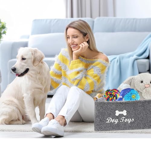 KZXCVS Hundespielzeug-Aufbewahrung aus Filz faltbare Spielzeugkiste mit Griff, 38x25x18cm Tierbedarf-Organizer für Hunde/Katzen (Wasserabweisend, Spülmaschinenfest, Grau)