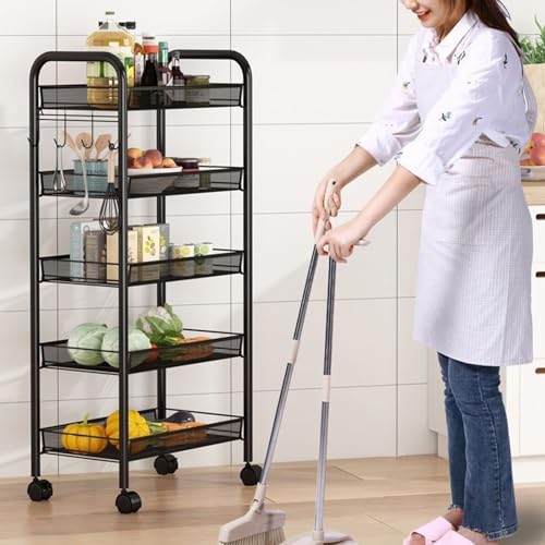 Image of Sun Bling 5 Tier Vegetable Rack for Kitchen, Metal Mesh Fruit and Veg Storage Basket with Wheels, Stackable Narrow Storage Trolley on Casters, Utility Cart for Bathroom Living Room Office Garage