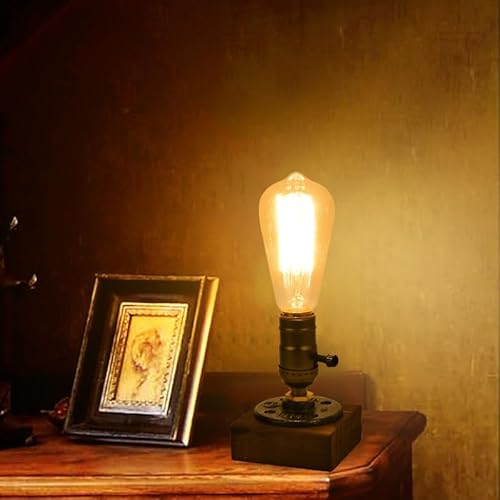 Retro E27 Edison Bulb Wooden Table Lamp Base with UK Plug,ON/OFF switch,Industrial Steampunk Desk Lamp Holder-Weathered Wood Finish for Cafe, Bar, Bedroom, and Dining Room Decor (Bulb Not Included)