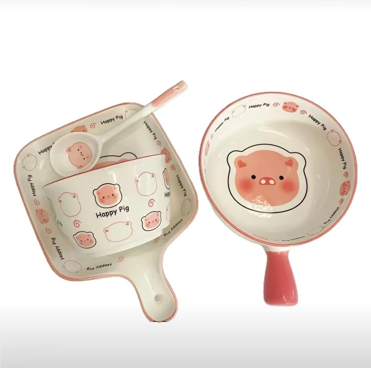 Cuenco de fideos instantáneos con bonito cerdo de dibujos animados, vajilla de cerámica de alta apariencia for cocina casera, disponible individual o en juego(A set)