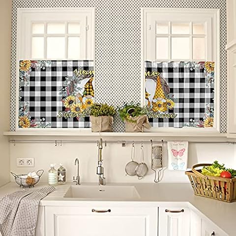 Black White Buffalo Plaid Sunflower Home Sweet Gnomes Tier Curtains 27.5 x 24 Inches Long Wide Pocket Kitchen Curtains for Bedroom Kitchen, French Door Half Window Curtains for Patio Door Cover