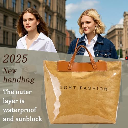 Image of PVC Clear Tote Bag for Women, Large Plastic Tote Beach Bag, Kraft Paper Hobo Handbag Purse with Top Handle
