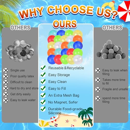 24PCS Reusable Water Balloons, Self-Sealing Silicone Water Bomb with Mesh Bag, Refillable Water Balls for Boys and Girls, Outdoor Summer Water Toys Pool Beach Park Yard