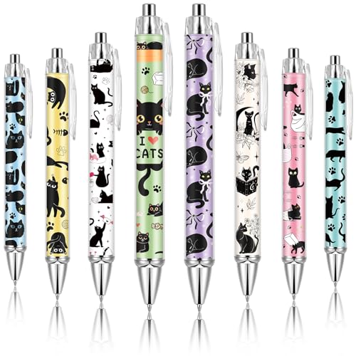 Ireer 8 Pcs Ballpoint Pens 1.00 mm Women Cute Black Ink Pens,Black Cat