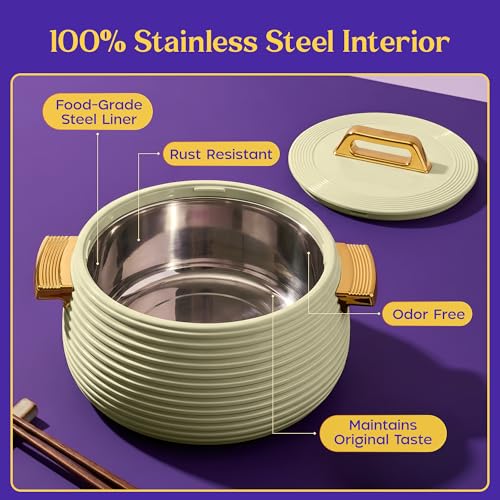 Image of SELVEL Smart Pot Insulated Casserole | Stainless Steel Inner | Luxury Gold Finish Handles & Lid | Double Wall Hot Pot for Roti, Chapati, Rice & Curry | Elegant Serving Casserole (Pista Green, 1500 ML)