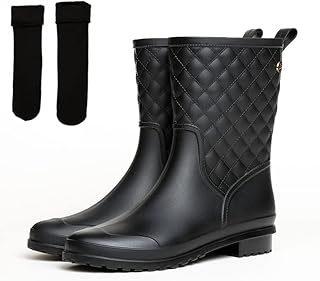 Women's Rain Boots, Waterproof Rubber Rain Shoes for Ladies Mid Calf Garden Boots with Removable pure cotton thickened war...