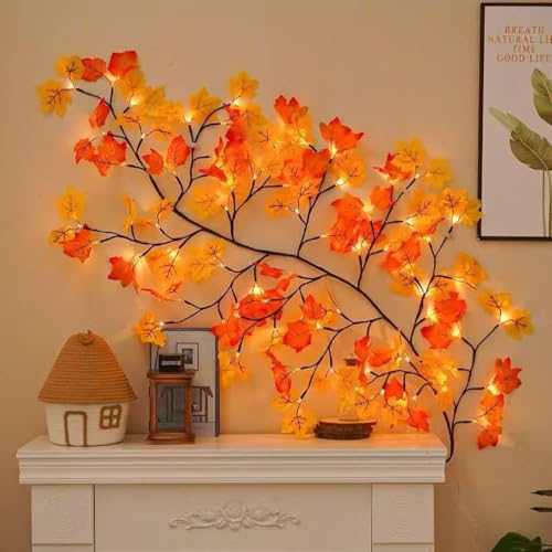 Image of Decorative Maple Leaf Vine String Lights 5.25 ft, 72 LED Fairy Lights with Remote Control, 8 Lighting Modes, USB Powered Wall Decoration Lights for Bedroom, Wedding & Festival