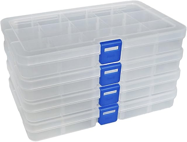 DUOFIRE Plastic Storage Box Adjustable Divider Organizer Jewelry Earring Tool Container (15 Compartments x 4, Transparent)