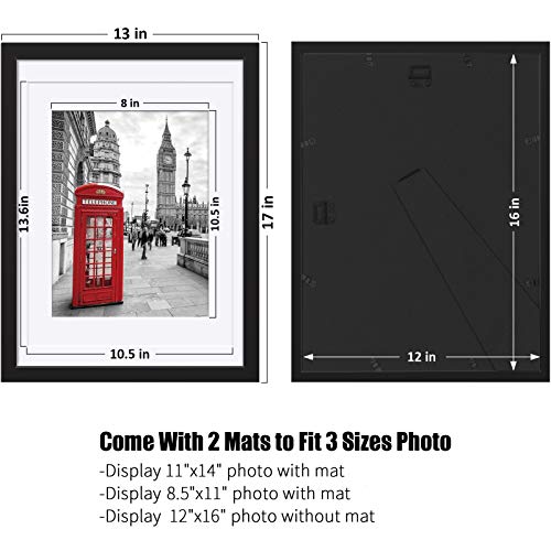 12x16 Picture Frames Made of Solid Wood Display Pictures 11x14 or 8.5x11 Diplomas with Mat or 12x16 Frame without Mat - Picture Frame for 11x14 Black With 2 Mats for Wall Mounting or Table Top Display - Thumbnail 7