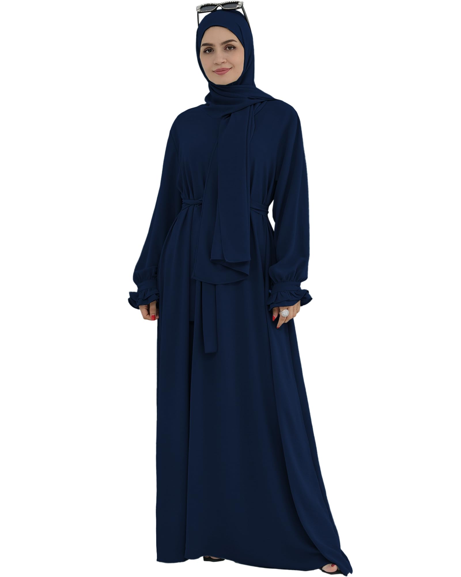 Zofocy Modest Muslim Abaya Women's with Integrated Scarf Hijab Muslim Dress Solid One-Piece Hoodie Robe, darkblue, M
