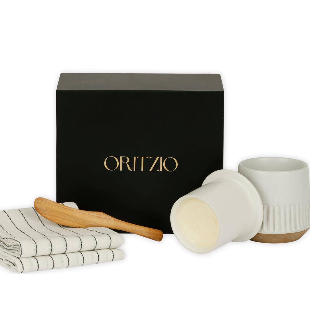 French Butter Crock Gift Set –Housewarming Gift, Gift for Father's Day, Gift for Teacher, Gift for Kitchen |Ceramic Butter Keeper Gift Set with Tea Towels & Olivewood Spreader in Gift Box