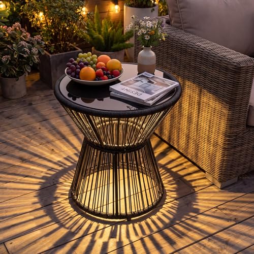 Tangkula Outdoor Side Table with LED Warm Light PE Rattan Hourglass-Shaped End Table with Tempered Glass Top Battery Operated Accent Coffee Table for Patio Porch Balcony & Living Room (1)