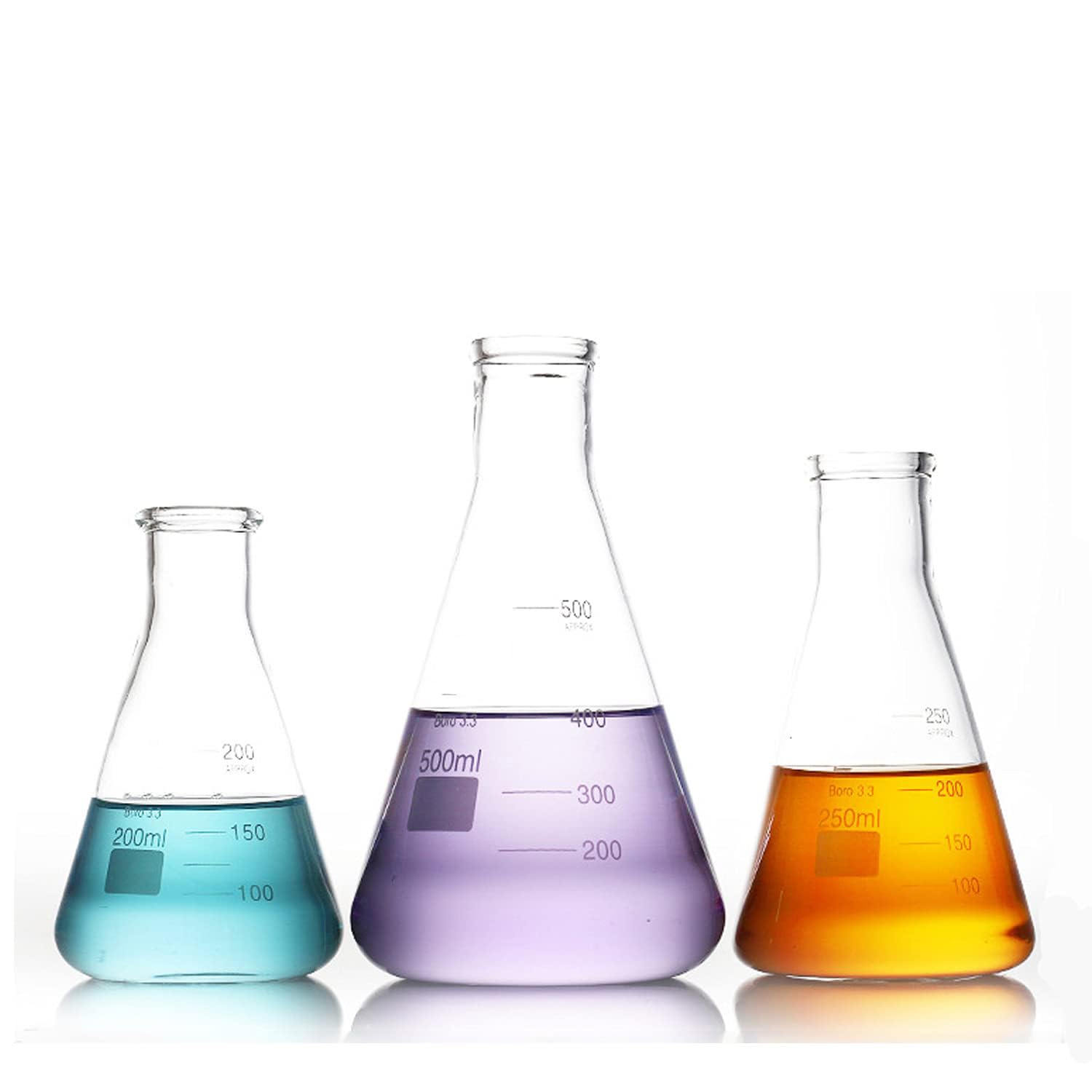 ELECDON Glass Erlenmeyer Flask Set - Graduated Borosilicate Glassware - Volumetric Narrow Neck Scientific Chemistry - Home & School Science Experiments (3 Sizes, 200, 250,500ml)